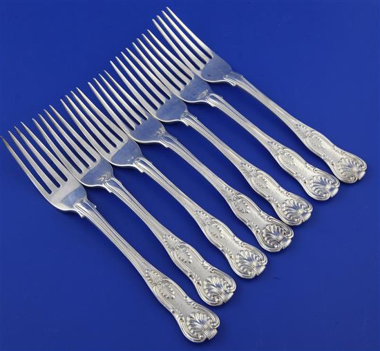 Seven matched 19th century silver double struck Kings pattern dessert forks, 13 oz.